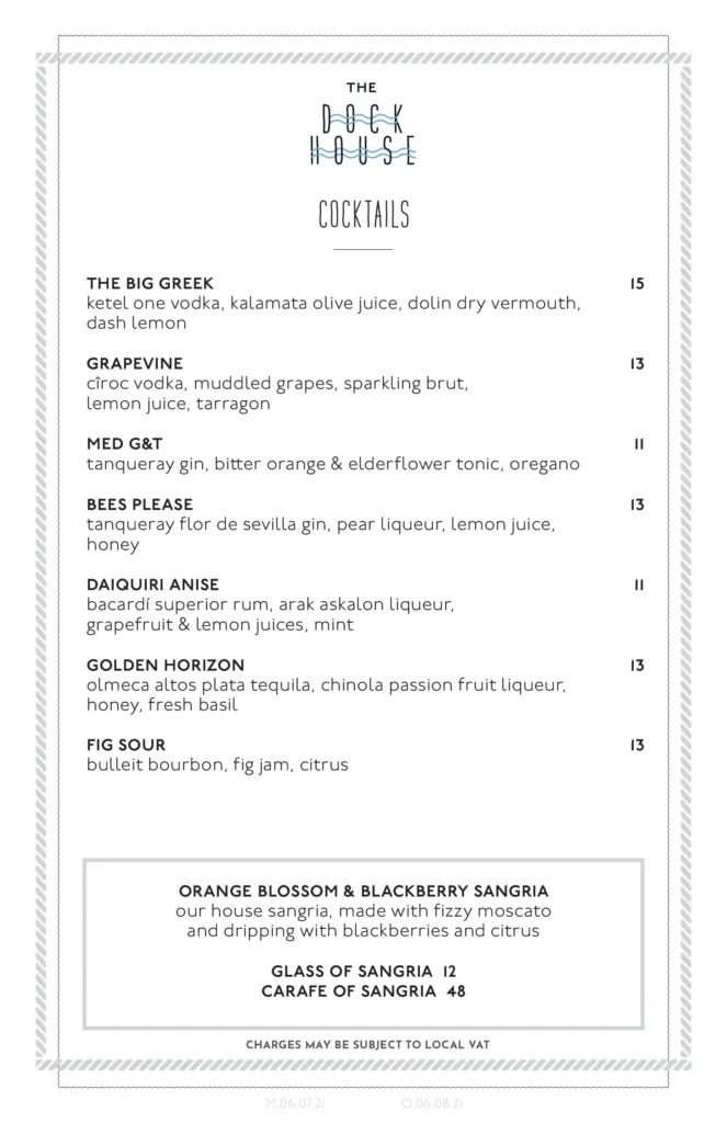 The Dock House Drinks Menu Page 1