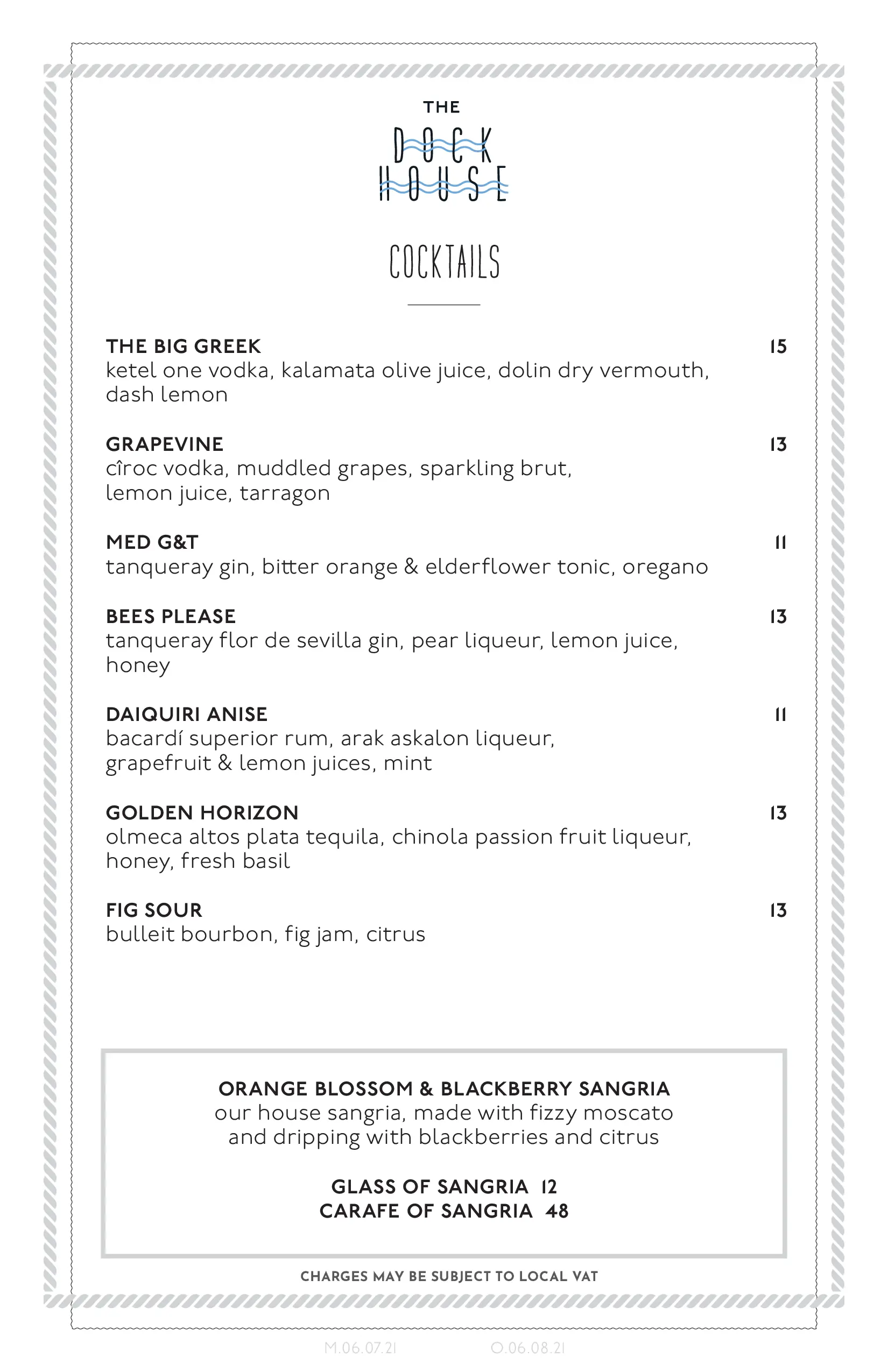 The Dock House Drinks Menu Page 1