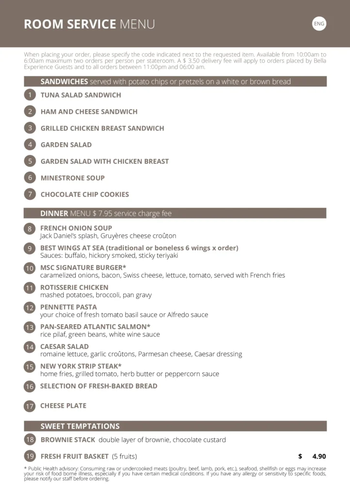 MSC Room Service Menu in English Page 1