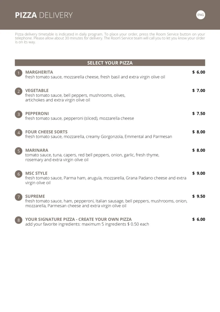 MSC Room Service Menu in English Page 5