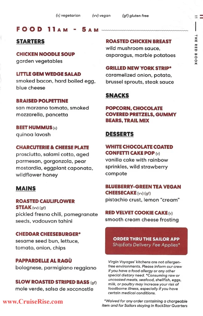 Virgin Voyages Room Service Menu Page 3